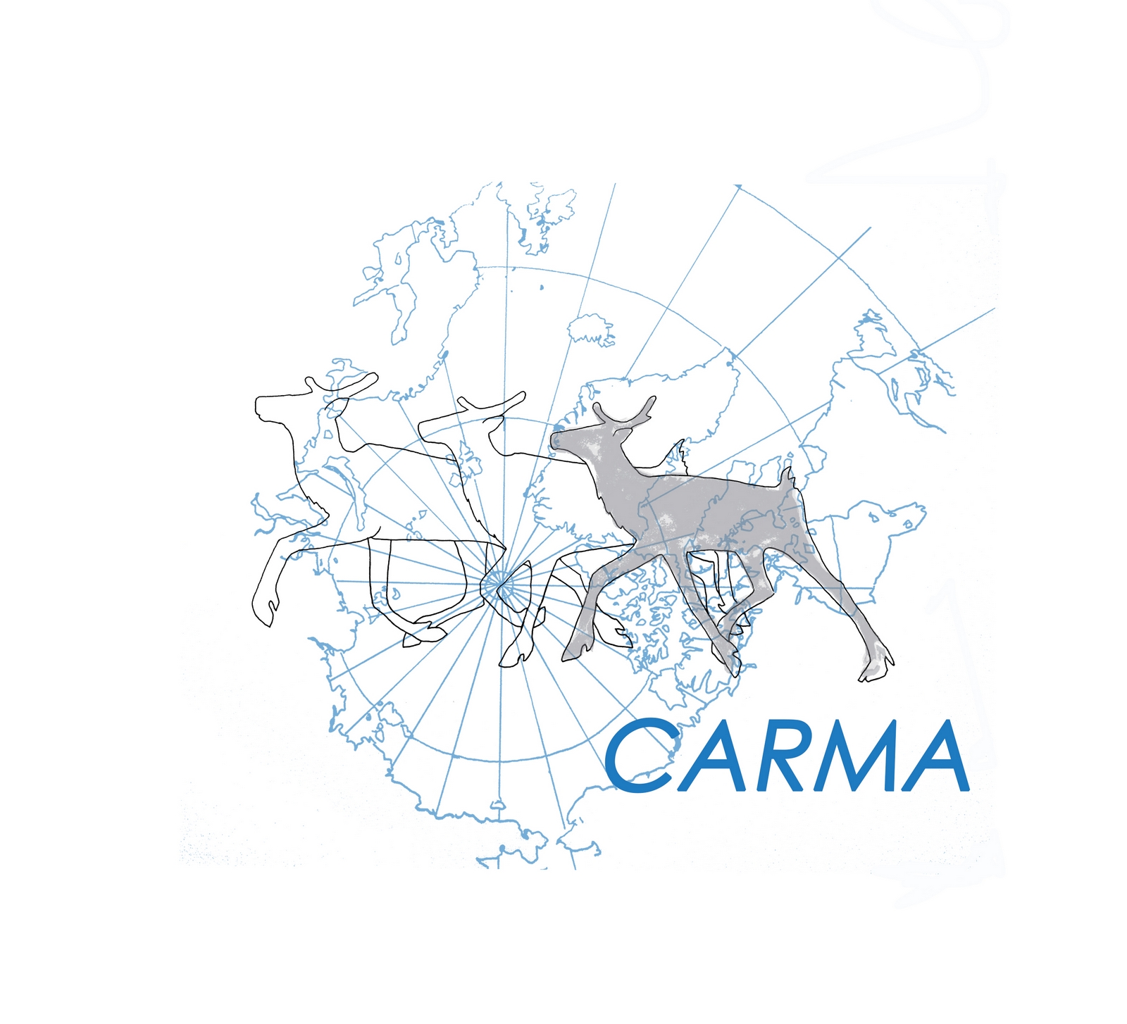 A gridded map of the North Pole and Arctic Regions overlaid with a drawing of three caribou walking, with the initials CARMA below