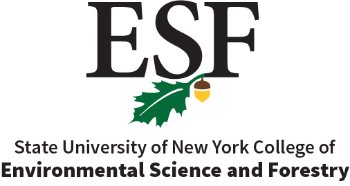 A logo with the initials ESF in black letters with an oak leaf and acorn below them. At the bottom, black text reads &quot;State University of New York College of Environmental Science and Forestry&quot;