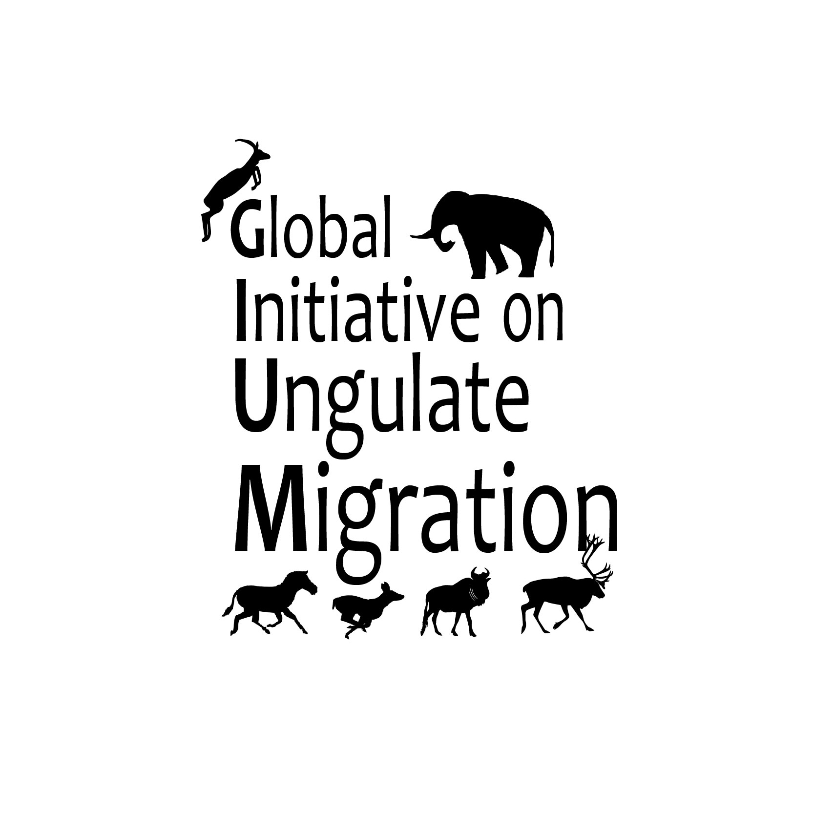 A logo with the words &quot;Global Initiative on Ungulate Migration&quot; in black, surrounded by six illustrations of various animals
