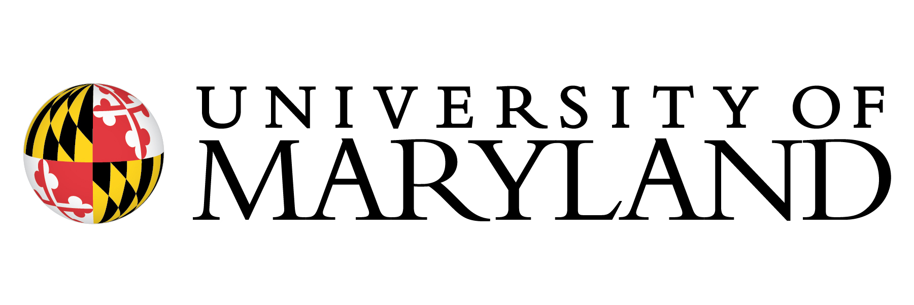 A logo with the text &quot;University of Maryland&quot; in black lettering and a circular icon with two yellow and black checkered quadrants and two red and white patterned quadrants