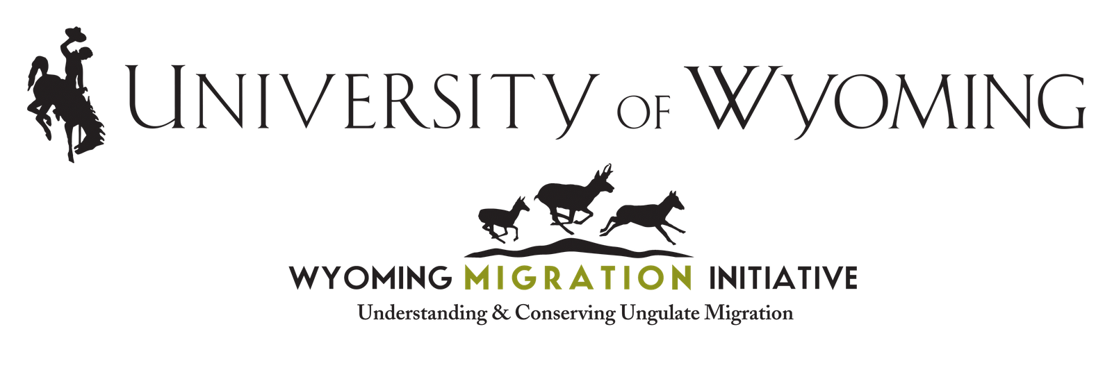A logo with a cowboy on a bucking horse next to the words &quot;University of Wyoming&quot;. Below, a smaller logo says &quot;Wyoming Migration Initiative&quot; with an illustration of three pronhorn antelope running.
