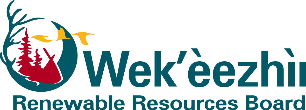 A logo with the words &quot;Wek&apos;eezhii Renewable Resources Board&quot; in dark teal, with an illustration showing a teepee next to several trees with three geese flying overhead