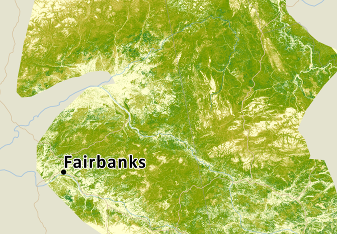 A close-up of a map with green and white gradients, and a point labeled &quot;Fairbanks&quot;.